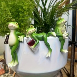 Upriver 3 PCS Tipsy Resin Frog Figurines, Miniature Frog Statue Plant Decorations for Pots,Funny Frog Planter Pot Hugger for Garden, Patio, Lawn, Balcony