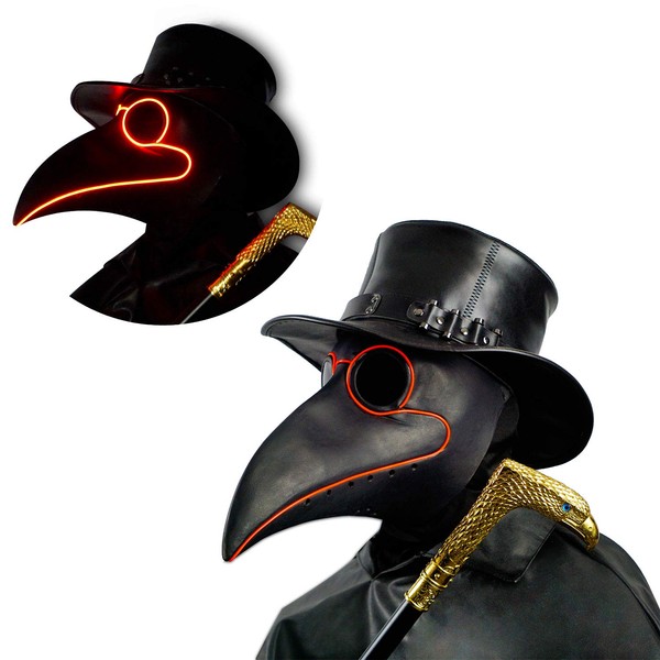 PartyHop LED Black Rubber Plague Doctor Mask Light Up, Halloween Long Nose Bird Beek Steampunk Gas Latex Face Mask, Party Cosplay Costume Prop for Kids and Adult