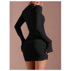 Floerns Women's Asymmetrical Neck Long Sleeve Ruched Flower Irregular Ruffle Hem Bodycon Mini Dress Black Large