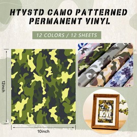 HTVSTD Camo Permanent Vinyl - 12 Sheets 12 x 10inches Colorful Camo Permanent Adhesive Vinyl for Mugs Decors Self Adhesive Vinyl Compatible with Cricut/Silhoutte Cameo