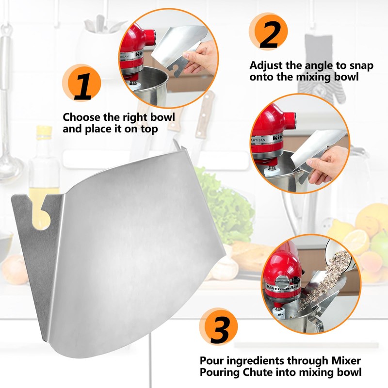 Pouring Chute Attachments Stainless for Stand Mixer Bowl Compatible with