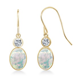 Gem Stone King 14K Yellow Gold White Opal and White Topaz Hook French Fish Ear Wire Dangle Earrings For Women (1.54 Cttw, Gemstone October Birthstone, Oval Cabochon 7X5MM, Round 3MM)