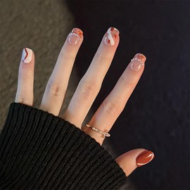 Vezocim Press on Nails Short Length Square Shape 24Pcs Brown French Glue ons Nails Coffin with Pearl Designs Glossy Full Cover Acrylic Short False Nails Fingernails Artificial Fake Nails for Women