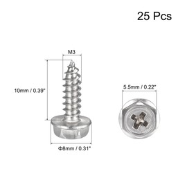 sourcing map Phillips Hex Washer Self Tapping Screws, M3 x 10mm 304 Stainless Steel Hex Flange Sheet Metal Screw 25pcs