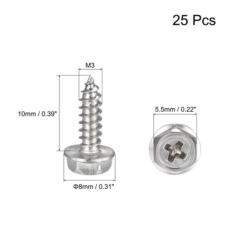 sourcing map Phillips Hex Washer Self Tapping Screws, M3 x