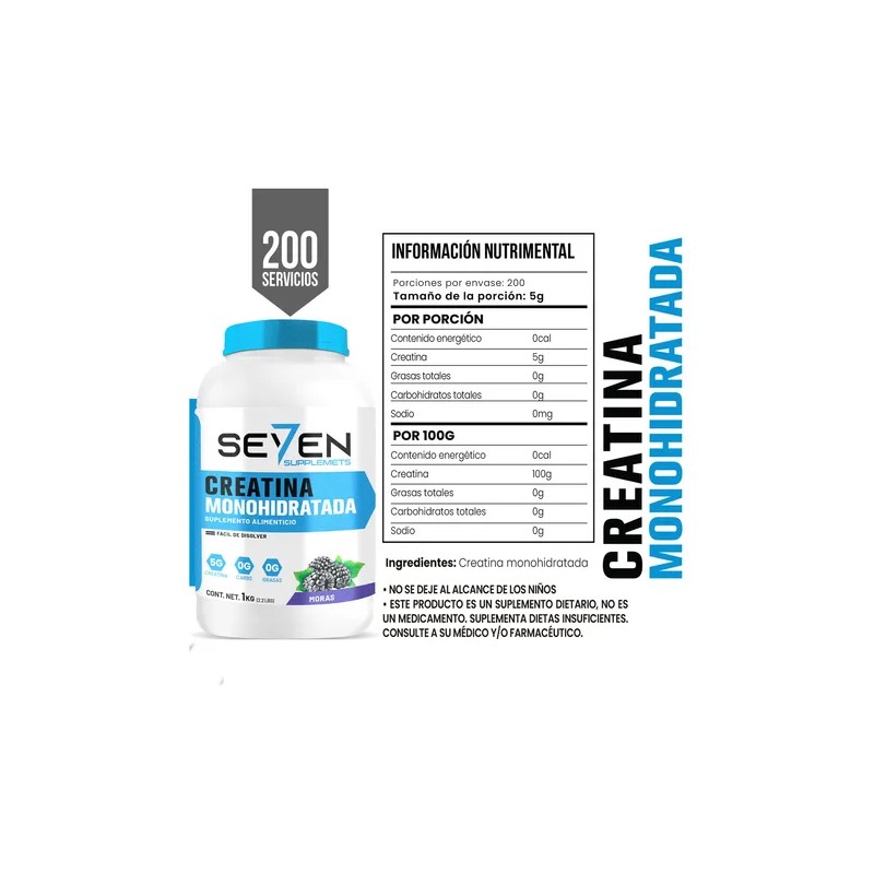 Suplemento Creatina Monohidratada Seven 1 Kg 200 Servicios