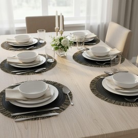 JEIYMIUW 15 Inch Round Braided Placemats Set of 4, Black Round Placemats,Boho Table Mats,Washable Wipeable Table Mats for Dining Table Heat Resistant Non-Slip Circle