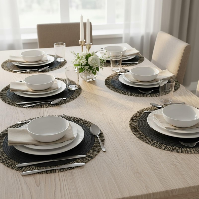 JEIYMIUW 15 Inch Round Braided Placemats Set of 4, Black