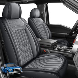AOMSAZTO Seat Covers Fit for Ford F150 2009-2024 2025 - F250/F350/F450 2017-2024 2025 Front Pair Faux Leather Waterproof Truck Car Seat Covers (2PCS Front, Black & Grey)