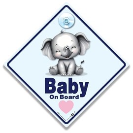 Baby on Board Sign with Baby Elephant Design, Suction Cup Attachment, Car Sign for Child 14cm x 14cm