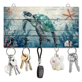 DELORIGIN Key Holder with Sea Turtle and Ocean Motif, Key Holder with 5 Key Hooks, Hook Rack, Key Holder, Key Holder, No Drilling, Wooden for Entrance Area, Front Door, Wall Decoration