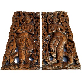 Sawaddee Wall Sculpture. Thai Wood Wall Art - Asian Carved Wood Wall Decor Size 17.5”x7.5”x1 Each, Set of 2 Pcs.