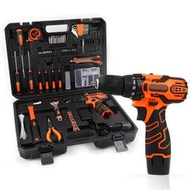 COMOWARE Household Tool Set with 12V Cordless Drill Driver, Hand Tool Kit for Men, Power Drill Set with Plastic Toolbox, Ideal for Office, Garden, DIY Project, Orange