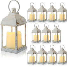 Kittmip 12 Set 10 Inch White Decorative Candle Lanterns Bulk Lanterns Centerpiece with LED Flameless Candle Indoor Outdoor Battery Powered Hanging Lights for Wedding Halloween Thanksgiving Christmas