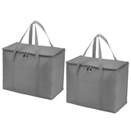 PATIKIL 16.1"x9.1"x13" Insulated Reusable Grocery Bag, 2 Pack Food Delivery Insulated Cooler Tote Bag with Zipper Collapsible for Hot Cold Transport Shopping, Grey