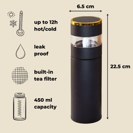 Teapro Loose Leaf Tea Infuser Bottle 450ml – Cold Brew Tea Bottle with Infuser, Tea Bottle to Go, Tea Infuser Flask for Hot & Cold, Travel-Friendly Tea Infuser Tumbler (Black)