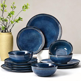 Feastly Plates and Bowls Sets 12 Pieces, Blue Reactive Glaze Dinnerware Set