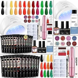 MOROVAN Kit de uñas de poligel – 12 colores de poligel de poligel para uñas con lámpara LED, solución deslizante de 0.5 fl oz, 0.5 onzas, kit profesio