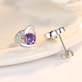 Salanda 925 Sterling Silver Heart Shaped Crystal CZ Stud Earrings，Purple Cubic Zirconia Earrings Studs,Love Earrings Cute Earrings Women Jewelry Girl Gifts for Valentine's Day, mm, Cubic Zirconia, No