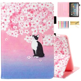 Dteck Case for Fire HD 8 & Fire HD 8 Plus Tablet (10th Generation, 2020 Release), Protective Leather Wallet Magnetic Closure Smart Stand Flip Cover with Auto Wake Sleep/Stylus Pen (Pink Cherry Cat)