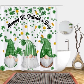 St Patricks Day Shower Curtain, Green Shamrock Leaf with Gnome Shower Curtains, Irish Shower Curtain Set for Bathroom with 12 Hooks 72x72 Inches