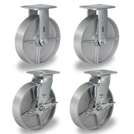 Unbranded 8"X 2" Heavy Duty Casters Semi Steel Cast Iron Wheels Capacity up to 1500-6000LB - 2 Brake 2 Rigid
