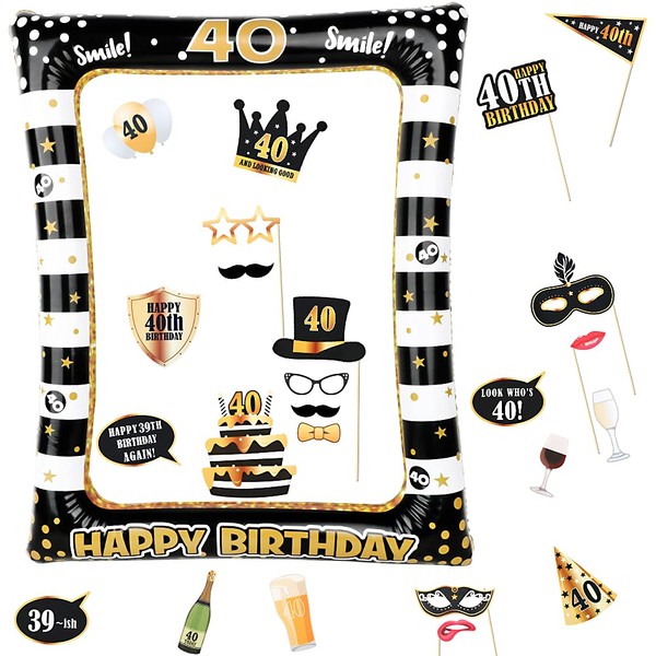 (24Pcs)40th Birthday Party Inflatable Frame and Photo Booth Props for Her Him Forty Birthday Gold and Black Decorations Family Fun Holiday Party Supplies Theme Party Kit