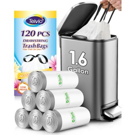 Teivio 1.6 Gallon 120 Counts Strong Drawstring Trash Bags Garbage Bags, Medium Kitchen Trash Can Bathroom Bin Liners, Plastic Trash Bags for Home Office Kitche, White