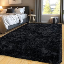 Black Fluffy Rugs for Bedroom Living Room, 4x5.9 Feet Soft Shag Bedside Rug, Cozy Fuzzy Indoor Floor Carpet for Nursery Kids Room Dorm Home Decor Aesthetic, Upgrade Non-Slip