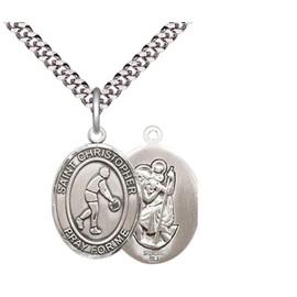 Medium Mens Oval Sterling Silver Saint Christopher Basketball Medal Pendant on 24" Rhodium Plated Heavy Curb Brass Chain w/ Lobster Claw Clasp,Catholic Religious Necklace - Made in USA-Gift Boxed
