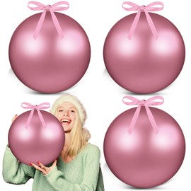 Zubebe 4 Pcs 8" Extra Large Size Christmas Hanging Ball Ornaments with Ribbons Fillable Oversized Huge Big Xmas Christmas Plastic Balls for Outdoor Lawn Yard Tree Hanging Decorations Wedding(Pink)