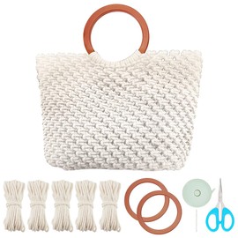 WEBEEDY DIY Macrame Bag kit for Adults Beginners Boho Handbag Making Set Tote Bag with Wooden Bag Handles and Instruction,DIY Macrame Purse Kit for Women Holiday Summer Beach Decor Gift (Beige)