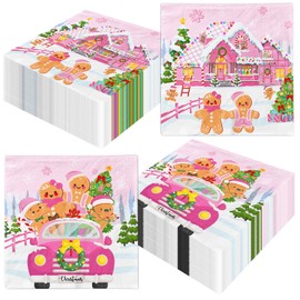 40Pcs Gingerbread Christmas Napkin Party Decorations Gingerbread Man House Pink Winter Christmas Cookie Disposable Paper Napkin for Family Holiday Birthday Party Supplies