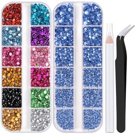 Two Packs of Flatback Rhinestones 4520 Pcs Colorful Nail Art Rhinestones Flatback Crystal Colorful+Sky Blue Rhinestone with Picker Pencil and Tweezer For Nail Art and Decoration