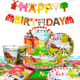 Farm Party Supplies,Serves 16 Farm Animals Party Tableware Set-Farm Party Plates Cups Napkins Tablecloth Banner ect Farm Birthday Party Supplies Decorations for Kids Baby Shower