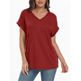 AUTOMET Womens Tops Short Sleeve V Neck Shirts with Chest Pockets Loose Casual Basic Tees Summer Clothes Outfits 2025 WineRed M