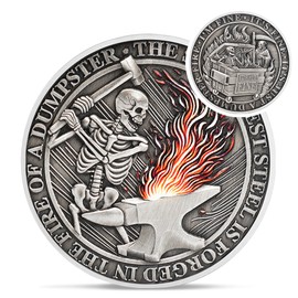 Skull Dumpster Fire Challenge Coin - The Strongest Steel is Forged Dumpster Fire Coin - Funny Desk Accessories for Work - Hilarious Coworker Go Away Token - Inspirational Gifts for Men Women Teacher
