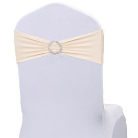 JKDMJF Stretch Spandex Ivory Chair Sashes Bows 50 Pack Universal Chair Bands with Silver Buckle for Wedding Party Engagement Banquets Bridal Shower Events Decorations