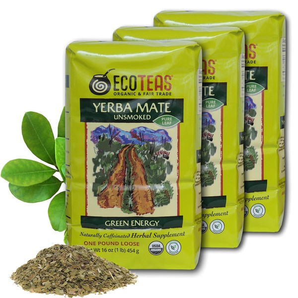ECOTEAS Organic Unsmoked Yerba Mate Tea Pure Loose Leaf 1 LB (Pack of 3)