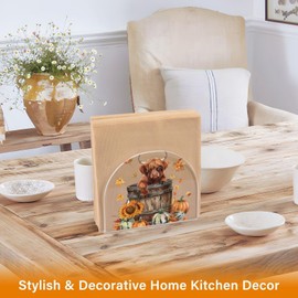 Fustylead Highland Cow Pumpkin Fall Napkin Holder for Table Acrylic Vertical Napkin Holders for Paper Napkins Sunflowers Maple Leafs Decorative Napkin Dispenser for Home Party Dining Cocktail Kitchen