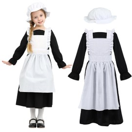 Wizland Victorian Maid Costume for Girls,Victorian Village Medieval Outfit with Dress&Hat,Kids Prairie Vintage Fancy Dress for age 10-12(Black