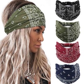 Acenail Wide Headbands Women Knotted Turban Headband Elastic Non Slip Hairbands Floral Workout Headbands Yoga Cotton Hair Scarfs Boho Head Wraps Fashion Hair Accessories for Women Girls 4Pcs(Bohemian)