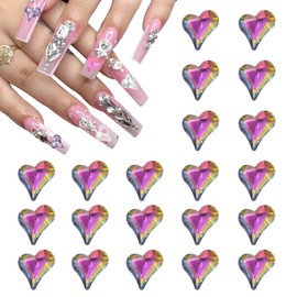 MECCANIXITY 20 Pcs 3D Heart Nail Charm Crystals Nail Gems 8x9mm Crooked Heart-Shape Art Rhinestone Charm for Valentine's Day DIY Decoration, Colorful