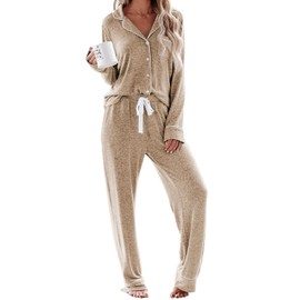 Aamikast Women's Pajama Sets Long Sleeve Button Down Sleepwear Nightwear Soft Pjs Lounge Sets (X-Large, light brown)