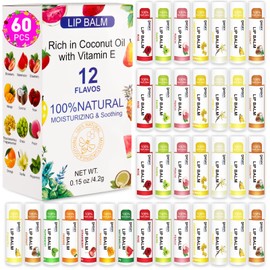 DMSKY 60 Pack Lip Balm, Natural Lip Balm Bulk with Vitamin E and Coconut Oil, Moisturizing Lip Care for Dry Chapped Lips, Party Favors-12 Flavors