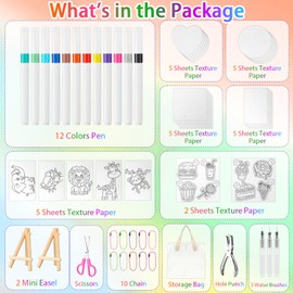 62PCS Magic Puffy Paint Kit, 3D Magic Foam Texture Painting Kit with 12 Colors Paint Pens, Water Pens and Chain, Drawing Set Arts & Crafts for Kids, Painting Gifts for Girls Boys Birthday Christmas