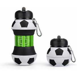 Botella de Agua Plegable con Diseño de Balón de Fútbol, de Silicona Grado Alimenticio, Antifugas, Portátil con Mosquetón, Resistente al Calor y Frío