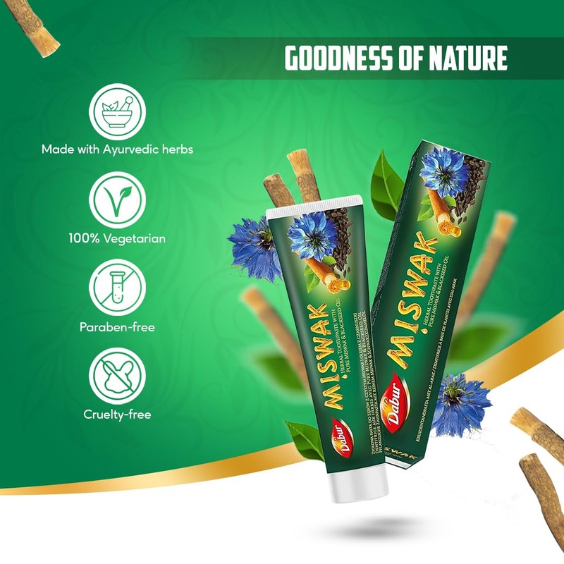 Dabur Miswak Blackseed Toothpaste - 100gm, Herbal Toothpaste with Pure
