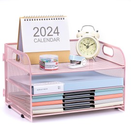 NCXTKJ 3-Tier Letter Tray Paper Organizer with Handle,Compact Mesh Desk File Organizer for Home Office Supplies Desktop Accessories,Pink