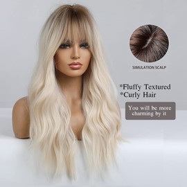 Esmee 26 Inch Long Blonde Wig with Fringe Natural Synthetic Hair Ombre Blonde Wavy Wig with Dark Roots for Women Daily Party Cosplay Wear